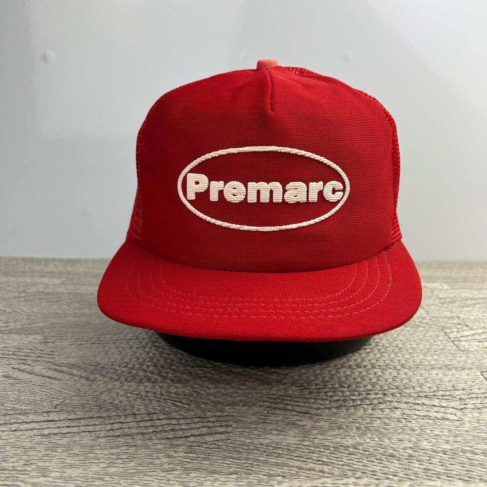 Vintage 80s Premarc Trucker Hat Cap Snap Back Adjustable Red Made in USA Adult